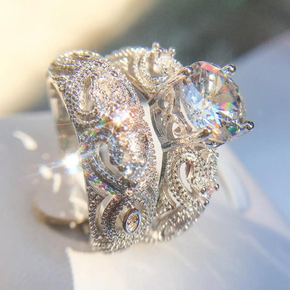 NEW Sterling Silver Solitaire Diamond 2PC Ring B1 - Picture 7 of 8